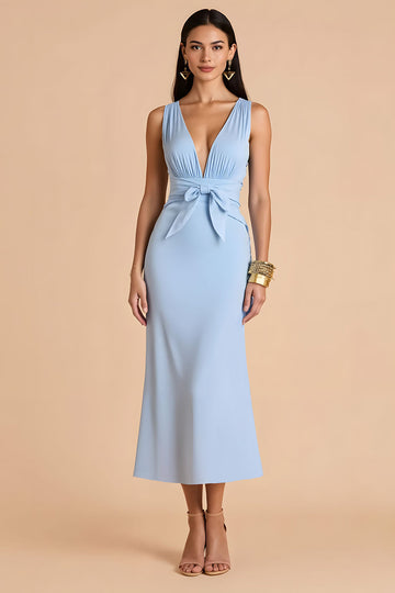 Light Blue Mermaid Deep V-Neck Long Bridesmaid Dress with Bow